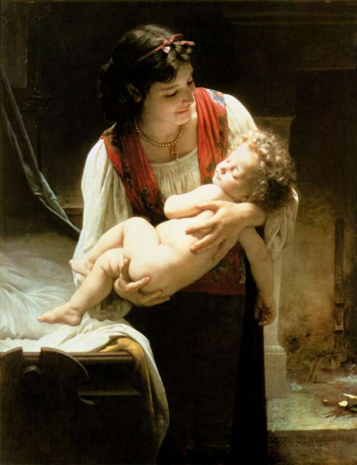 Painting of "Berceuse (Le coucher)" [Lullaby (Bedtime)], 1873, by William-Adolphe Bouguereau